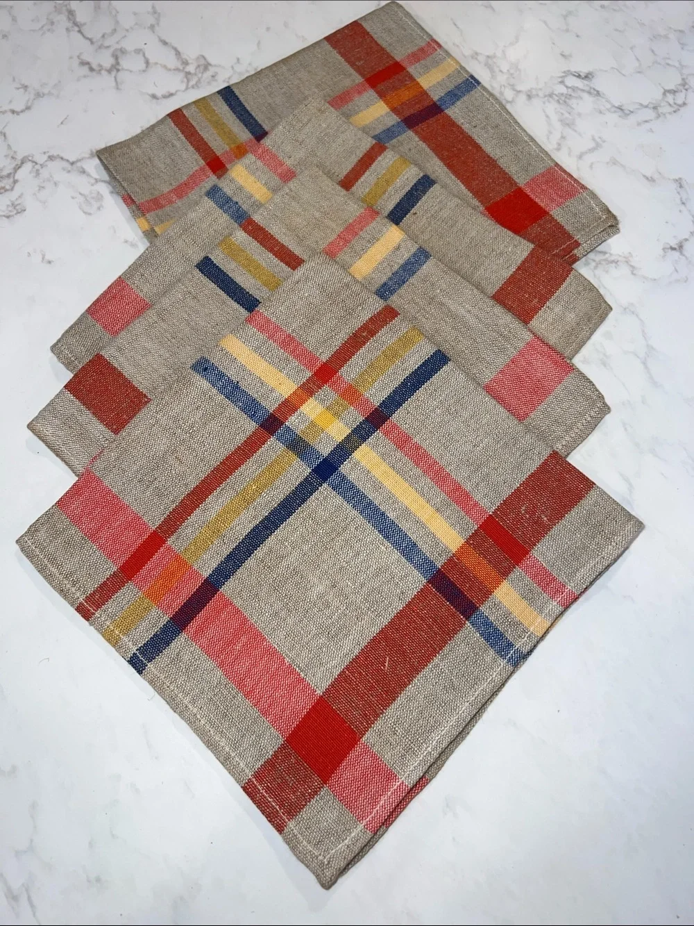 Plaid Linen Napkins in Red, Yellow & Navy- Set of 4